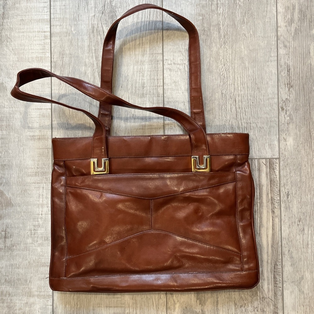 Vtg Lou Taylor Brown Leather Shoulder Bag Handbag Built in Swivel Mirror ITALY